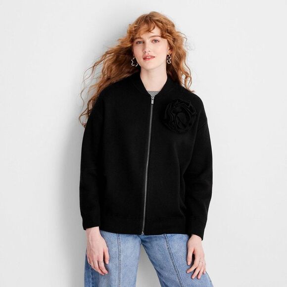Future Collective - Women's Rosette Sweater Bomber Jacket - Future Col Black - Picture 1 of 4